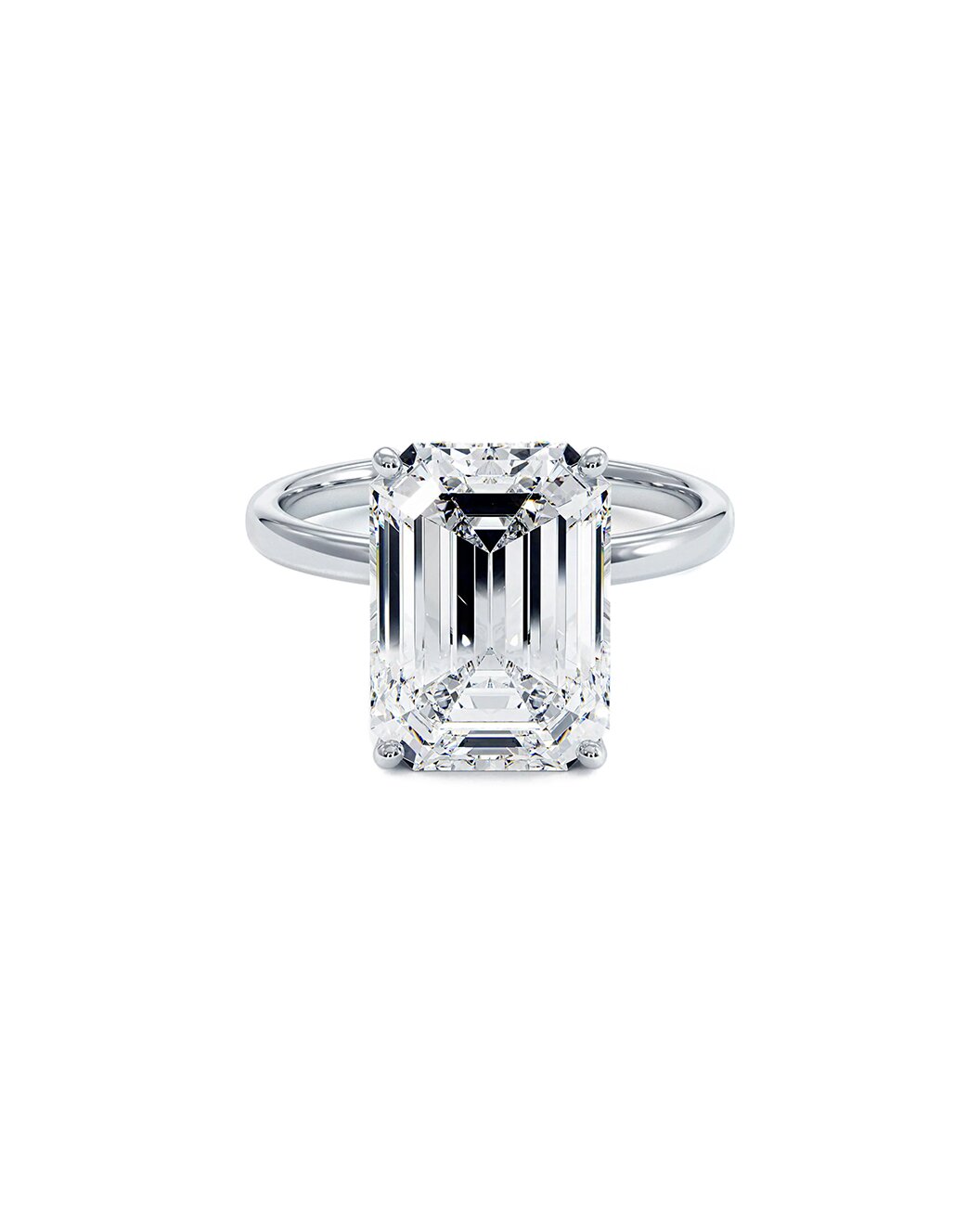 Diamond ring with emerald-cut diamond on a white background
