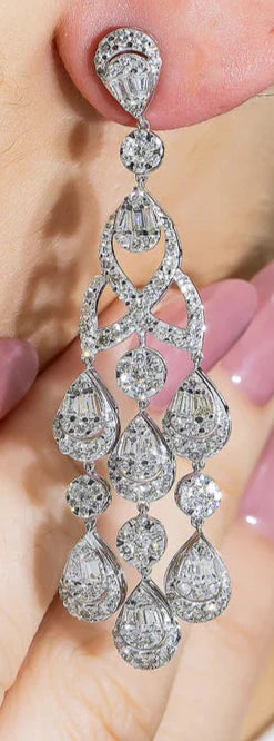Minta 6 Carats Round and Baguette Antique Style Diamond Chandelier Drop Earrings in 14K White Gold Wear