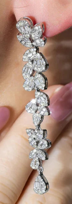 Nebula 3 Carats Baguette and Round Diamond Flower Vine Drop Earrings in 14K White Gold Wear