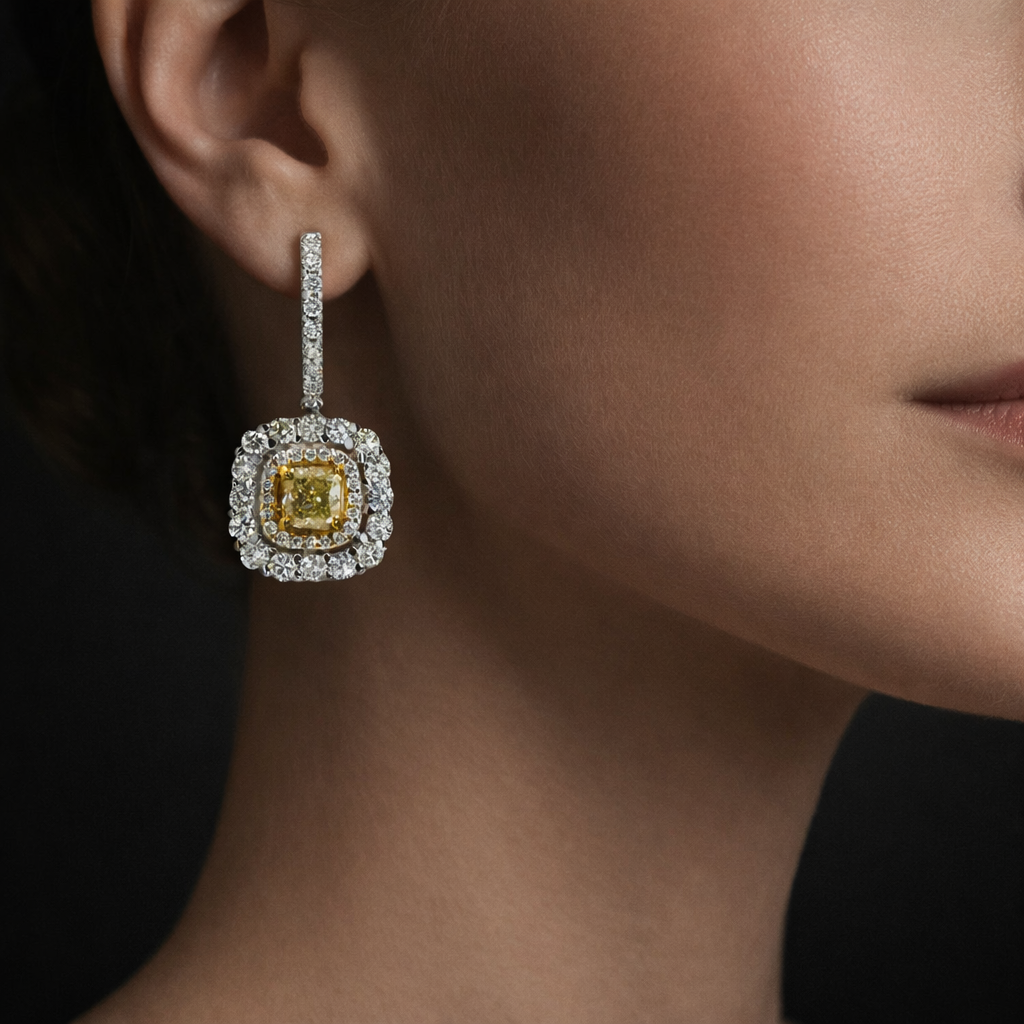 Norine 3 Carats Cushion Cut Fancy Yellow Diamond Drop Earrings in 14K White Gold