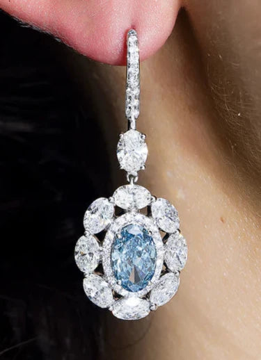 Oval Cut Fancy Vivid Blue Diamond Drop Earrings in 14K White Gold