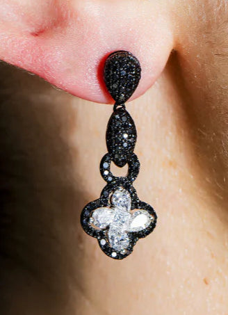Ravina 2 Carats Black & White Diamond Clover Drop Earrings in 14K White Gold Wear