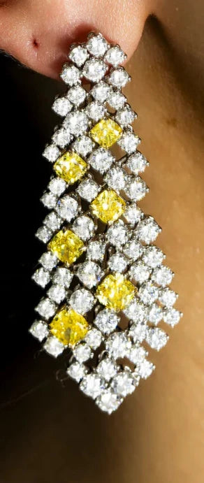 Round & Cushion Cut Fancy Yellow Diamond Chandelier Drop Earrings