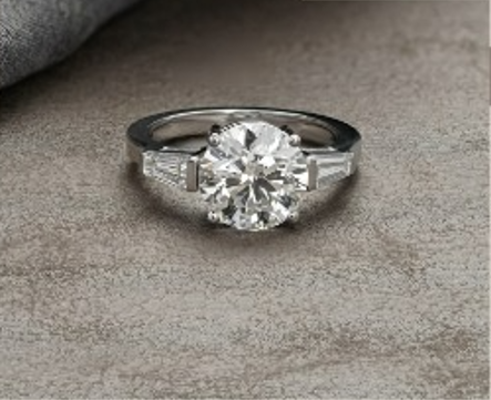 Round Cut Tapered Baguette Lab Grown Diamond Three Stone Ring