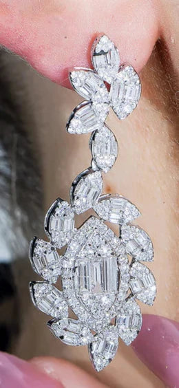 Sherah 5 Carats Round and Baguette Cut Detailed Diamond Drop Earrings in 14K White Gold Wear