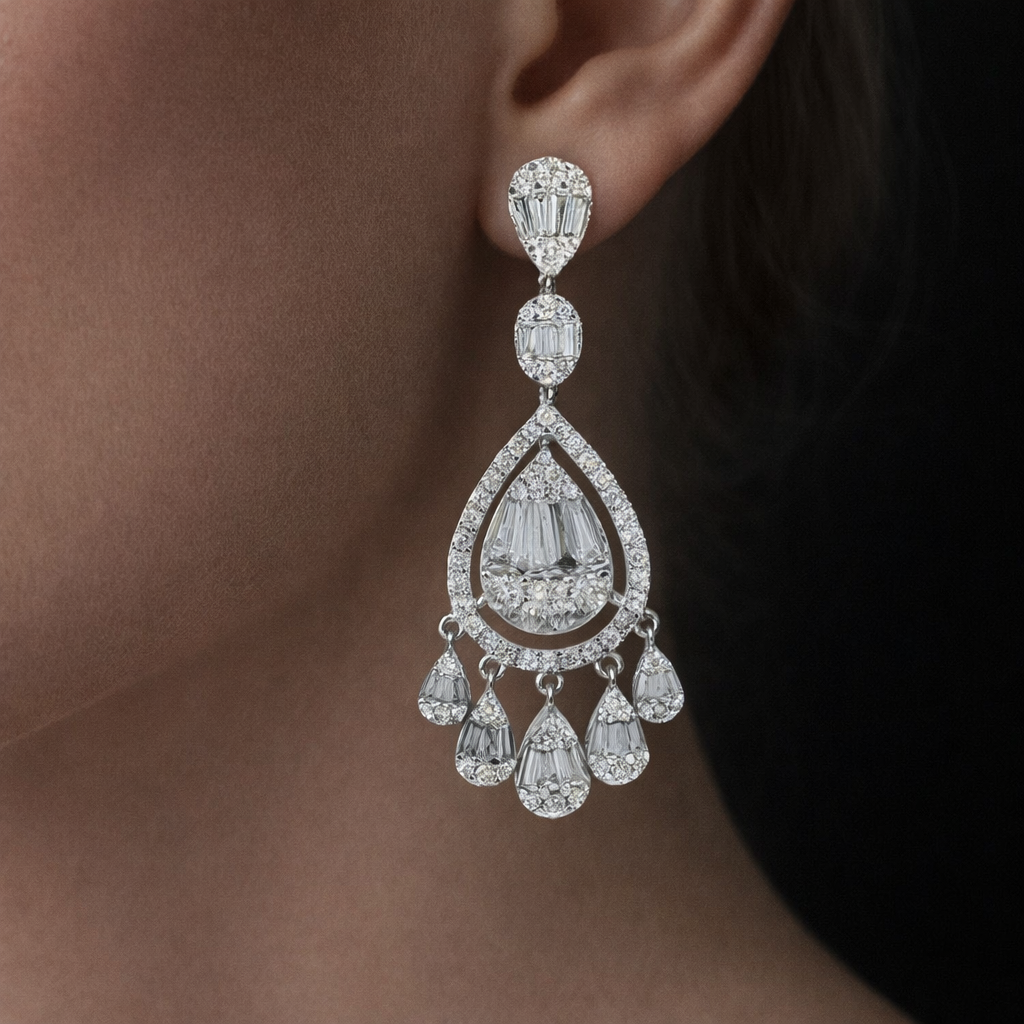 Sonnet 4 Carats Round and Baguette Diamond Teardrop Earrings in 14K White Gold