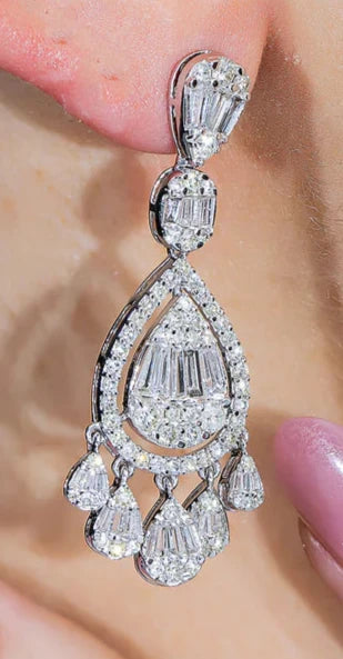 Sonnet 4 Carats Round and Baguette Diamond Teardrop Earrings in 14K White Gold Wear