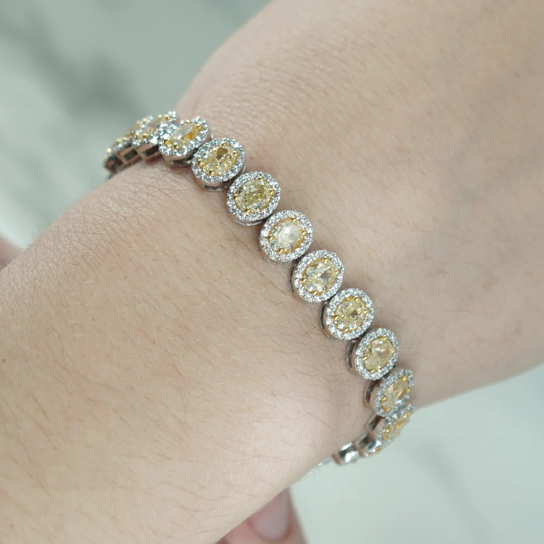 Xanthe 16.46 Carat Oval Cut Fancy Yellow Diamond Bracelet in 14K White Gold Lifestyle