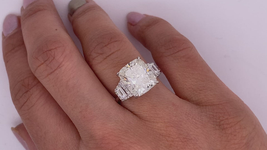 Diamond Ring Cushion Cut 6 Carat Three Stone Ring in 18K White Gold Video on Hand