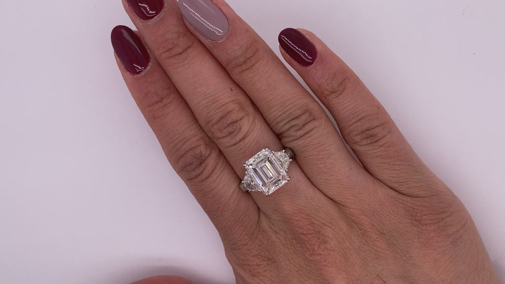 Diamond Ring Emerald Cut 7 Carat Three Stone Ring in 14K White Gold Video on Hand