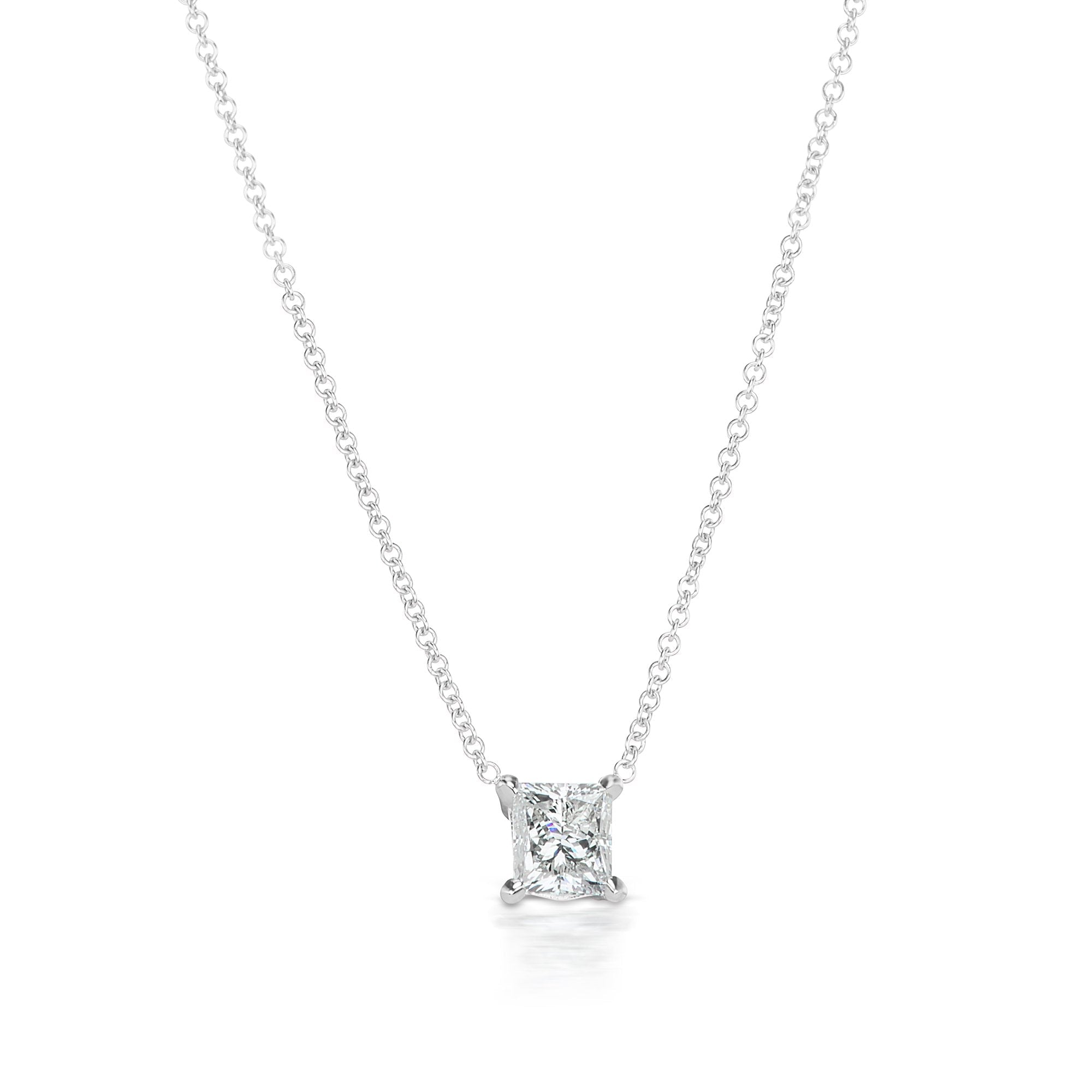 Diamond Necklace Princess Cut 1 Carat Solitaire Necklace in 14K White Gold Front View