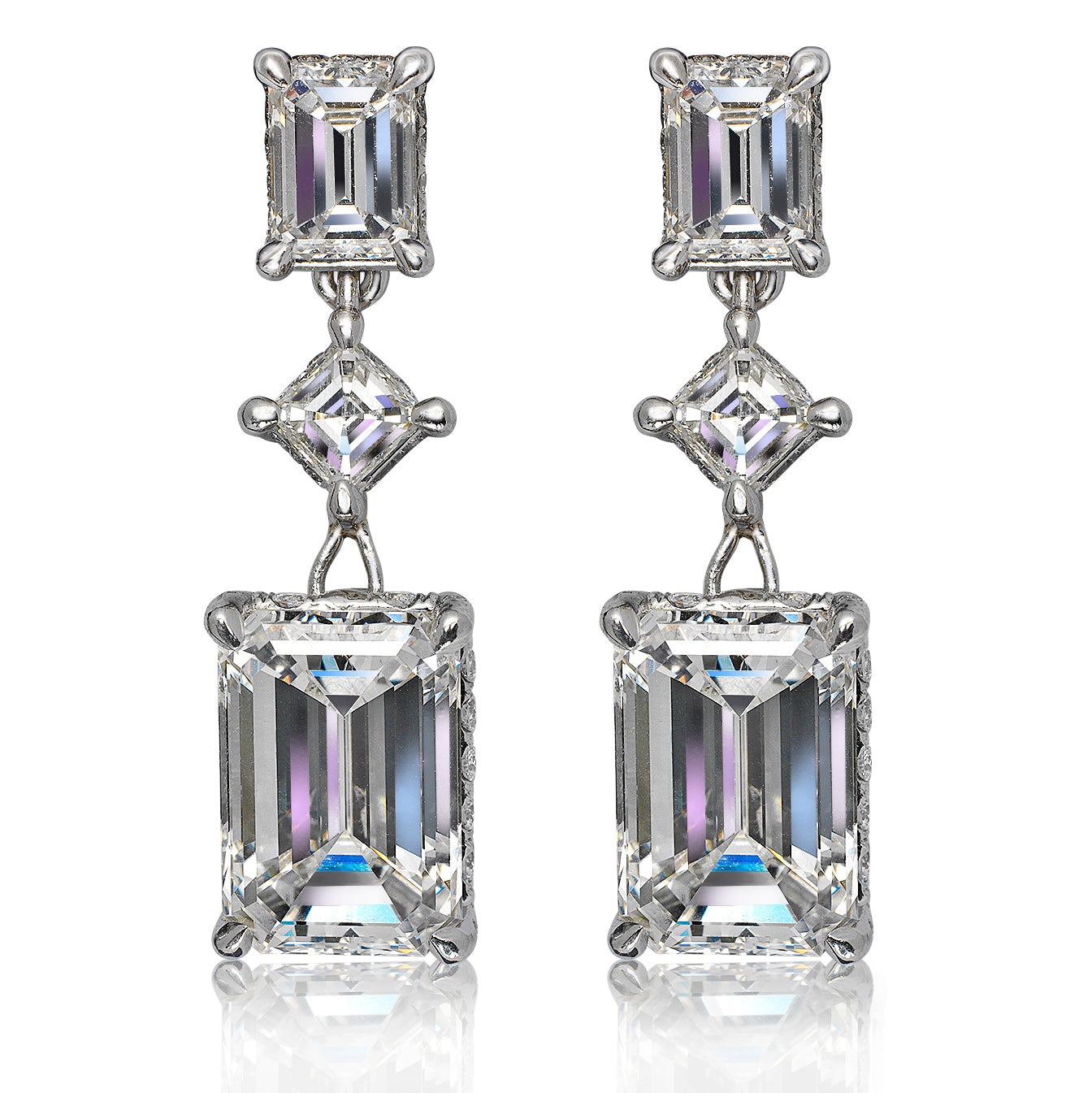 Diamond Earring Emerald Cut 12 Carat Three Stone Hanging Earring in Platinum Front View