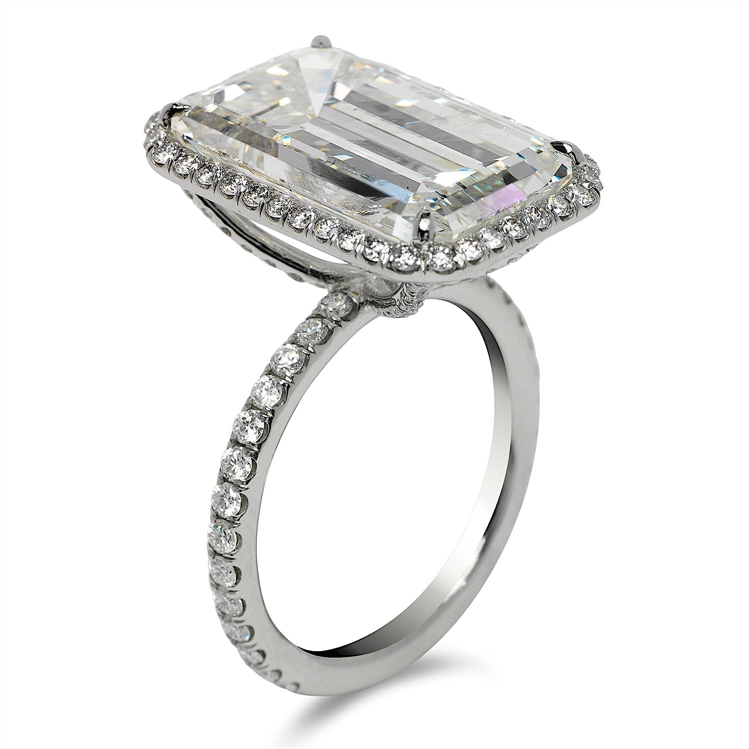 Diamond Ring Emerald Cut 13 Carat Halo Ring in Platinum Side View