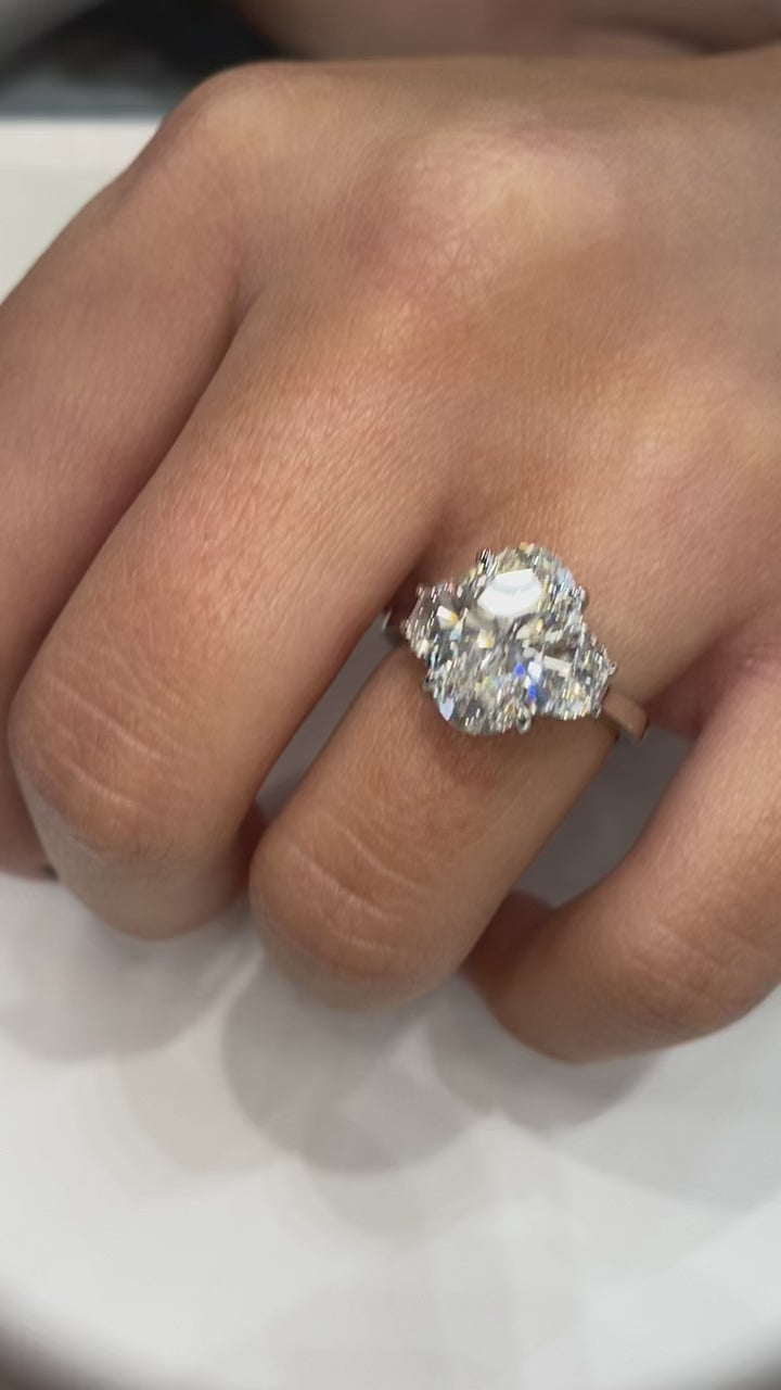 Leya 5 Carat H VS2 Lab Grown Oval Cut with Half Moon Diamond Engagement Ring in Platinum Video
