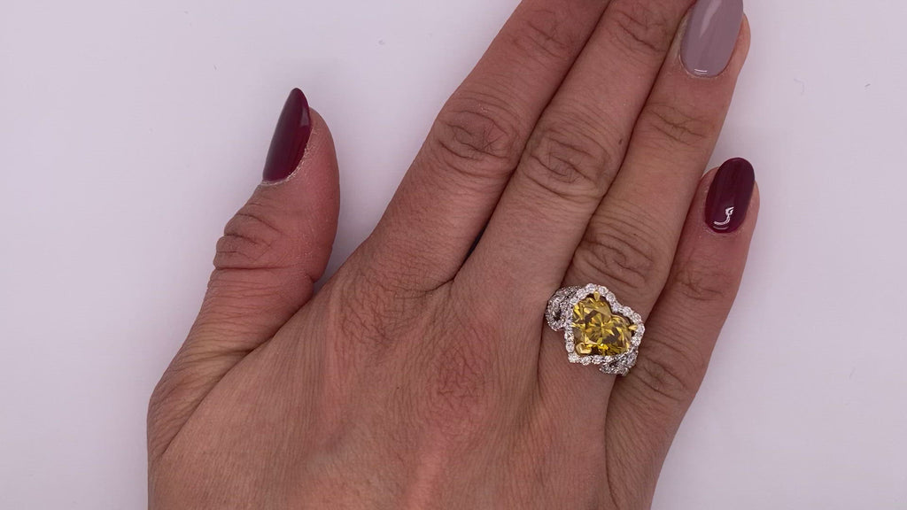 Yellow Diamond Ring Heart-Shaped 4 Carat Halo Ring in 18K  White Gold Video on Hand
