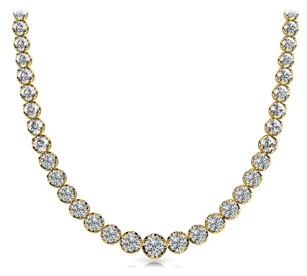 Diamond Rivera Graduated Necklace Round Shaped 15 Carat Low Base Necklace in 14K White Gold Front View