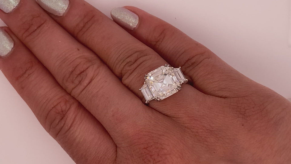 Diamond Ring Asscher Cut 5 Carat  three stone ring in 14K White Gold Video on Hand