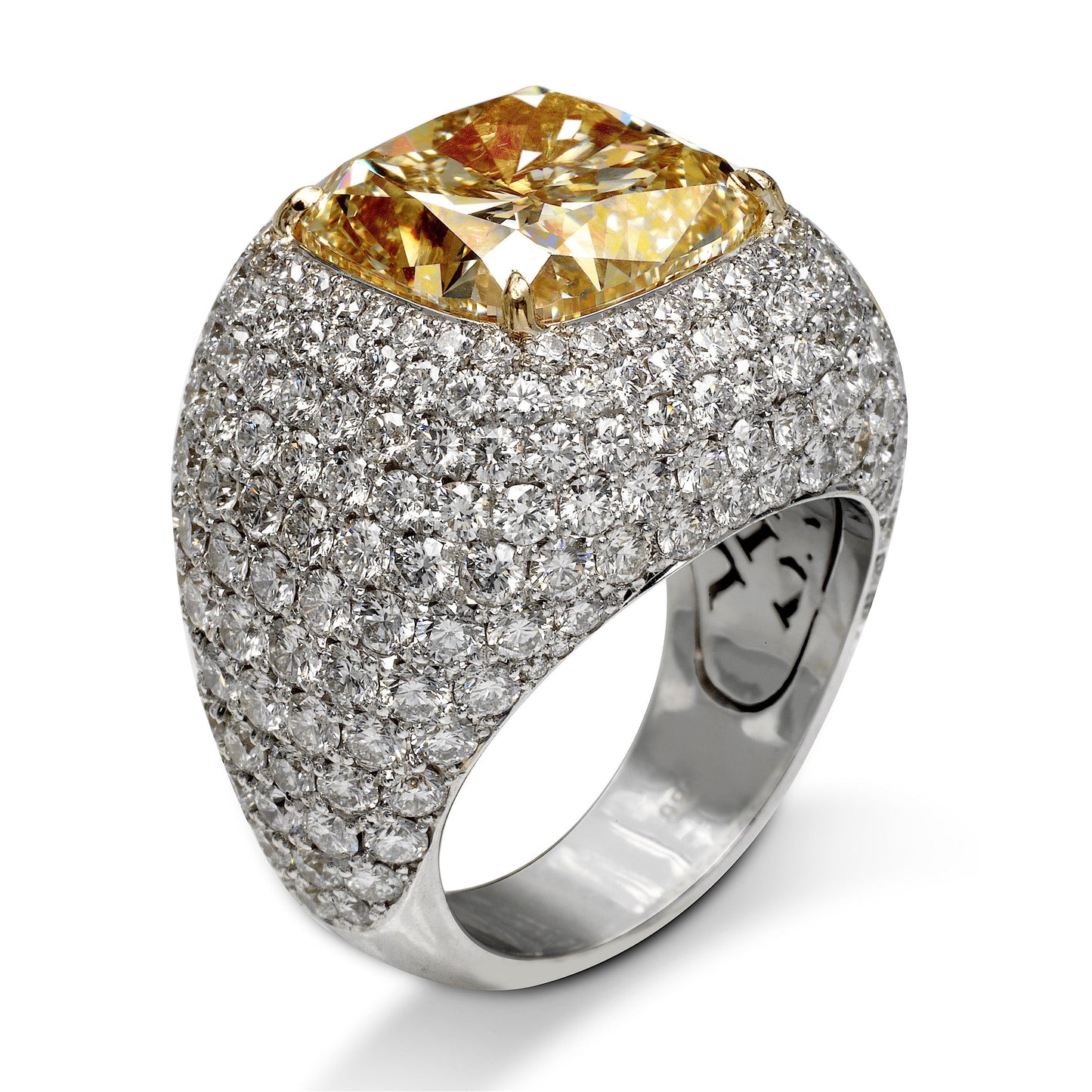 Yellow Diamond Ring Cushion Cut 24 Carat Halo Ring in Platinum & 18K White Gold Side View