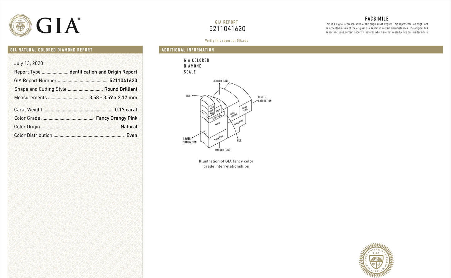 Fancy Orangy Pink Argyle Diamond Round Shaped 0.17 Carat GIA Full Report View