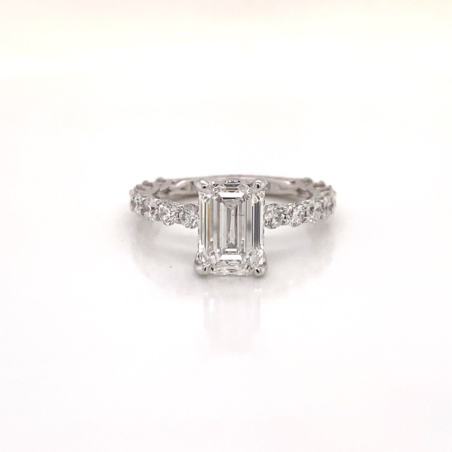 3 Carat Emerald Cut Lab Grown Diamond Engagement Ring.SideStones. IGI Certified Front View
