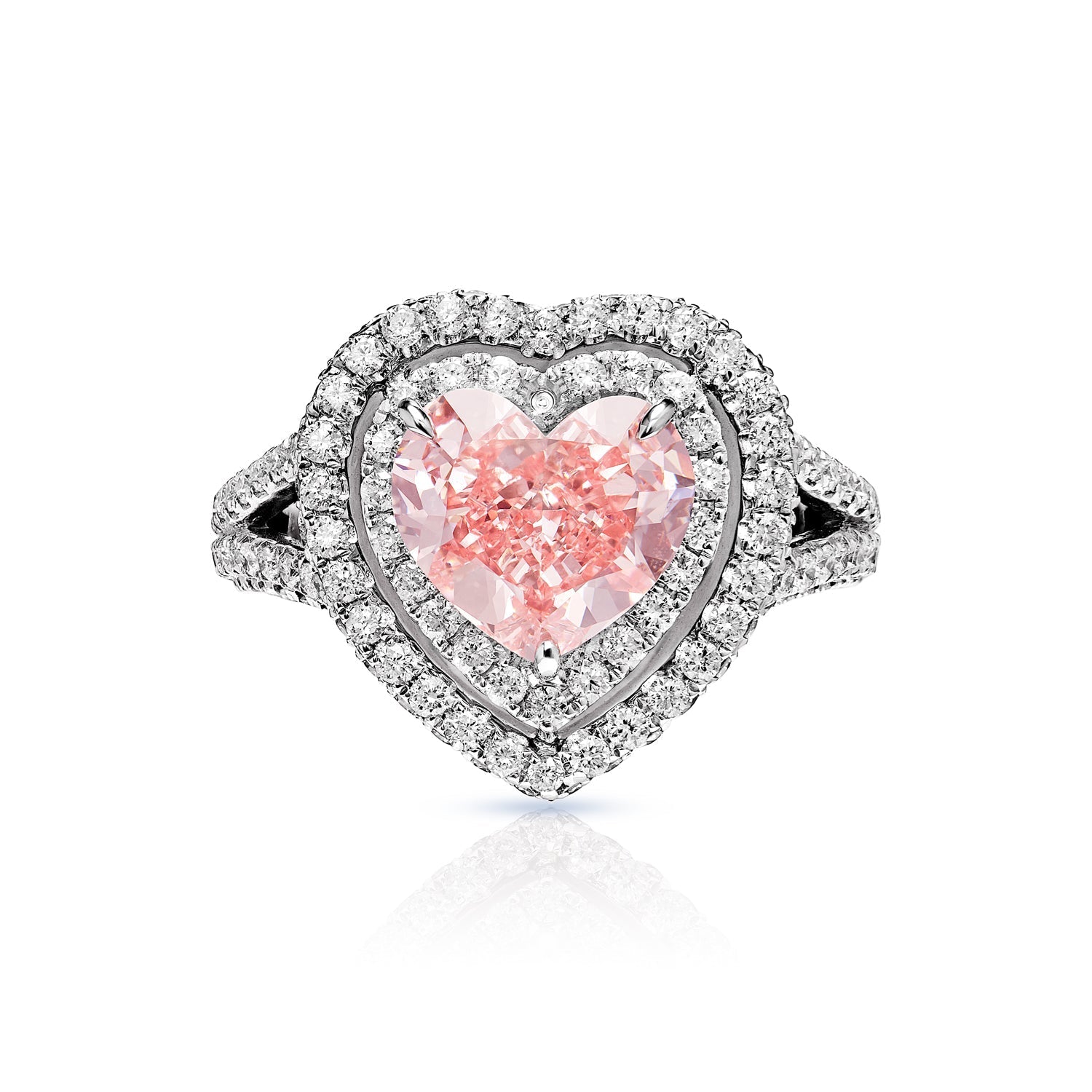 Cecilia 4 Carat Heart Shape Earth Mined Fancy Vivid Pink Diamond Engagement Ring in 18 Karat White Gold Front View