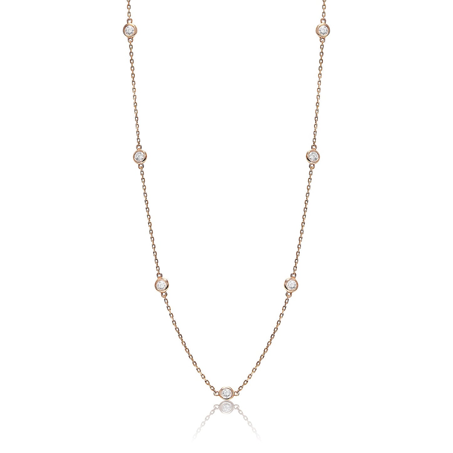 Bridget Station Necklace 15 pointers each Round Brilliant Cut Diamond Bezel Set in 14kt Rose Gold Full view