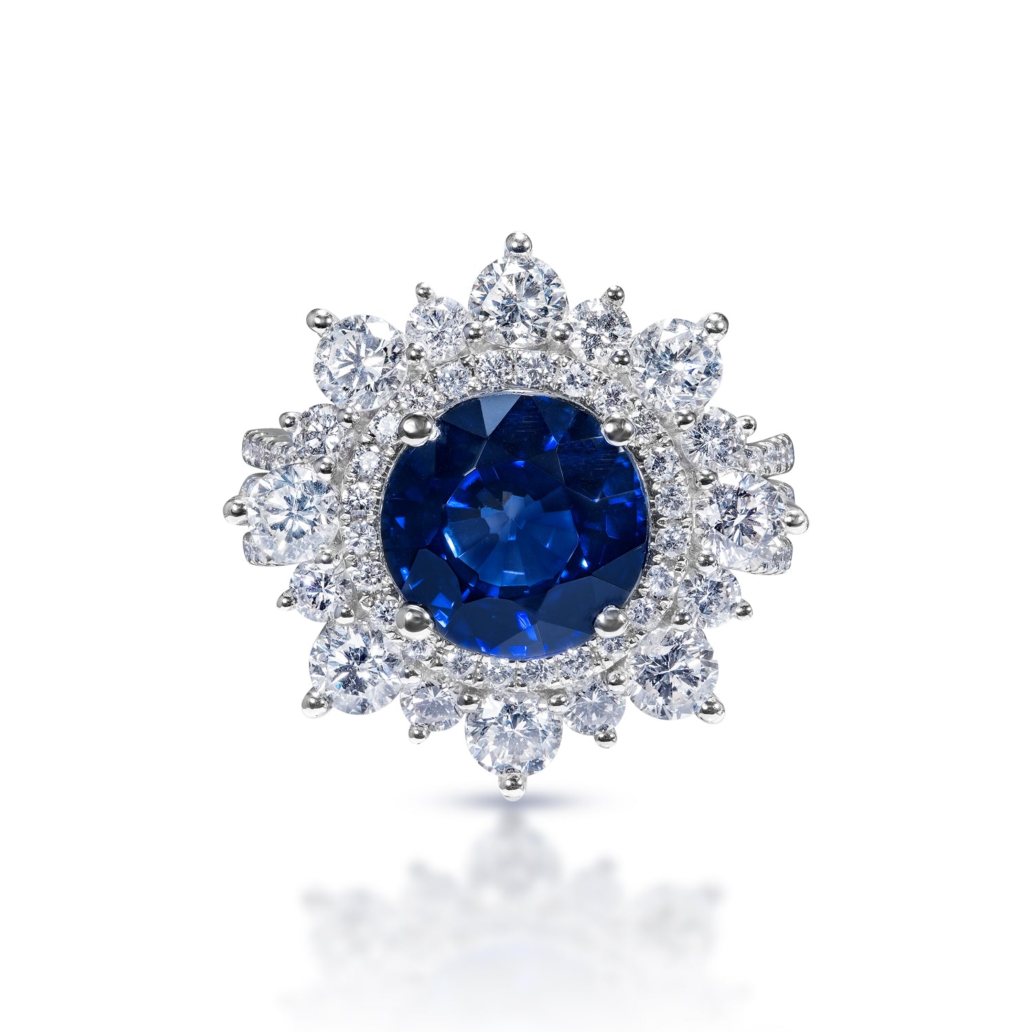Evie 7 Carats Round Brilliant Blue Sapphire Ring in 18k White Gold Front View