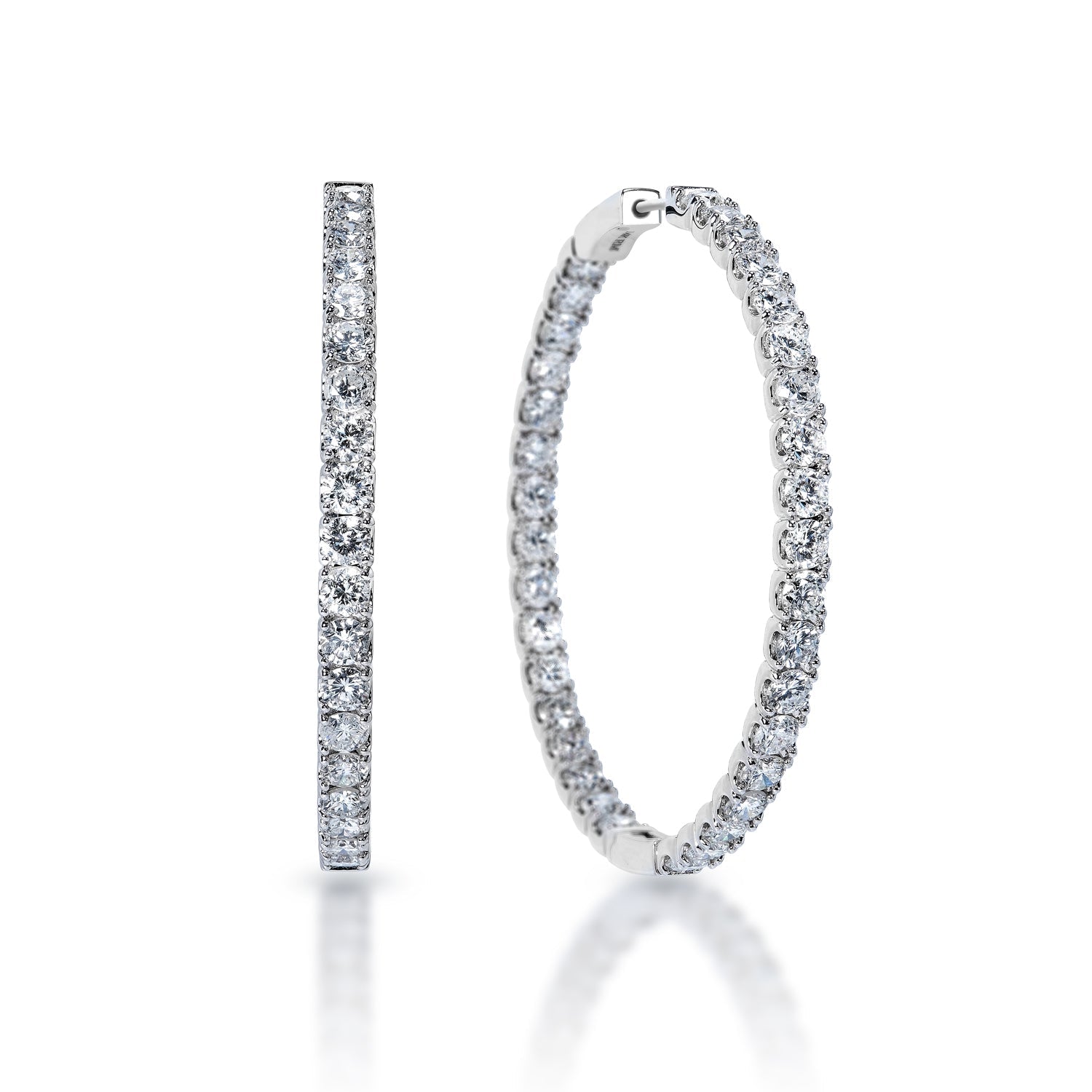 Mikaela 2 inch 12 Carat Round Brilliant Diamond Hoop Earrings in 14k White Gold Front and Side View