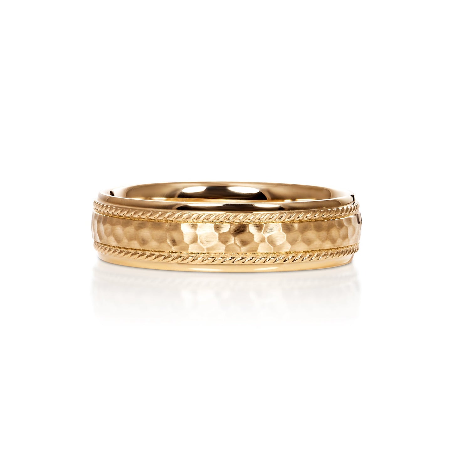 Henry Men's Wedding Band 14k Yellow Gold 6mm Hammered and Satin with Rope off the Edge