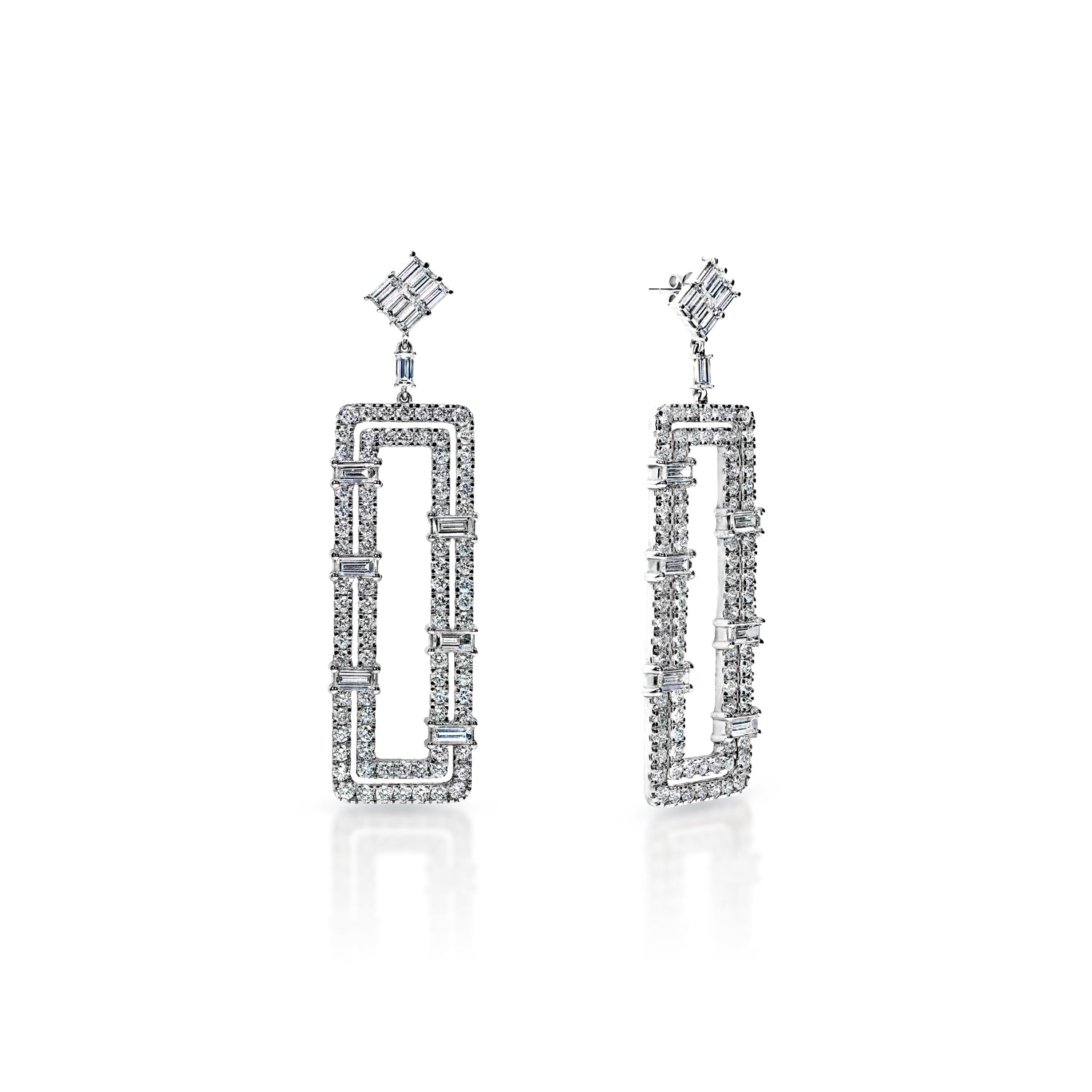 Vida 12 Carats Rectangular Shape Hanging Earrings in 14k White Gold Front and Side View