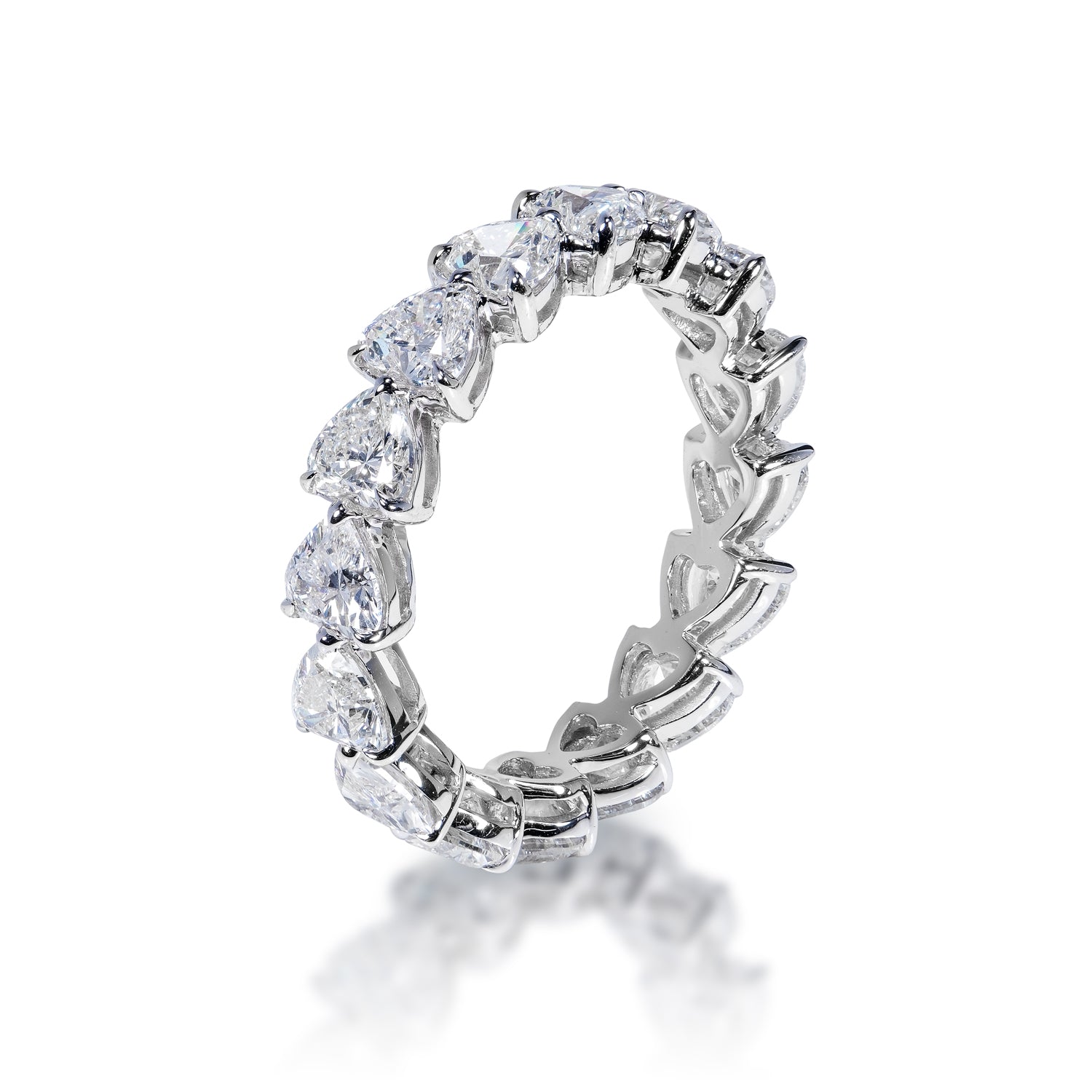 Ivory 4 Carat Heart Shape Diamond Eternity Band in 18k White Gold Shared Prong Side View
