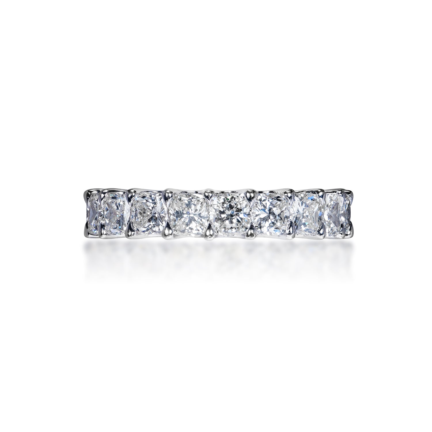 Ellis 4 Carats Cushion Cut Diamond Eternity Ring in 18k White Gold U-Shape Shared Prong Front View