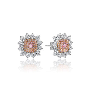 Sara 4 Carat Fancy Intense Purplish Pink Radiant Cut Diamond Stud Earrings in 18k White Gold Front and Side View