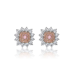 Sara 4 Carat Fancy Intense Purplish Pink Radiant Cut Diamond Stud Earrings in 18k White Gold Front View