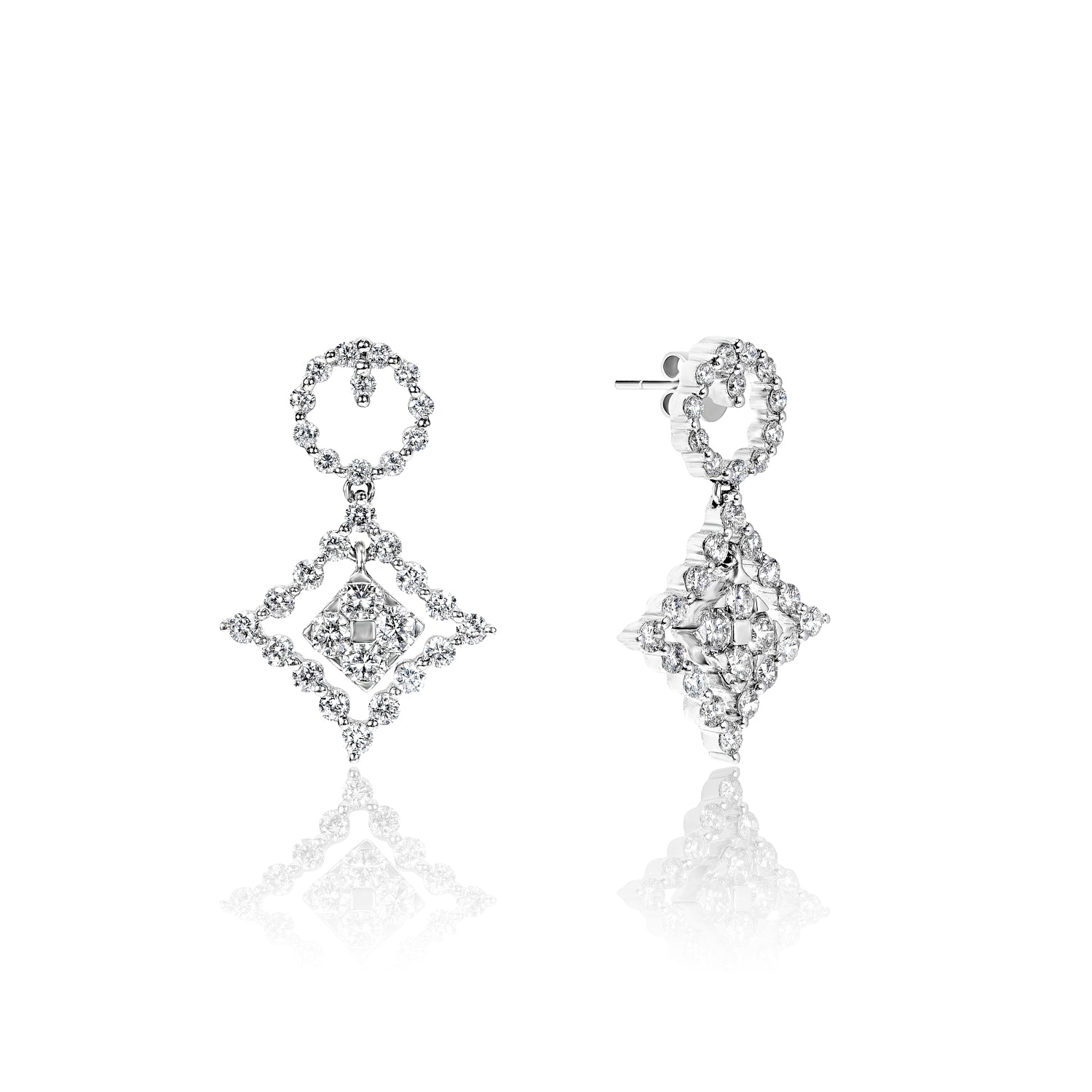 Emely 2 Carats Round Brilliant Cut Diamond Dangle Earrings in 18k White Gold Front and Side View