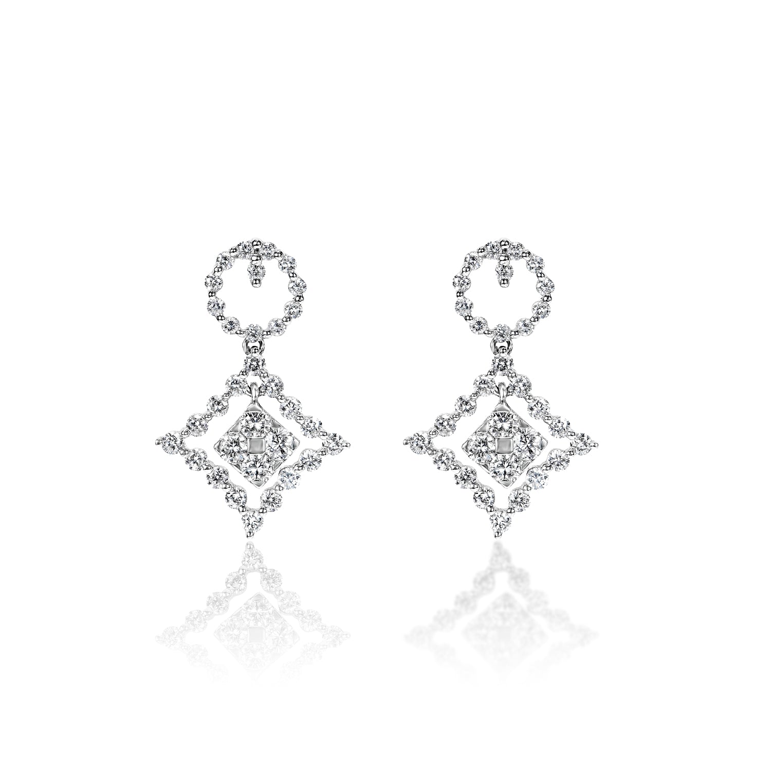 Emely 2 Carats Round Brilliant Cut Diamond Dangle Earrings in 18k White Gold Front View