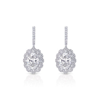 Luanna 11 Carat I VS1 Oval Cut Lab-Grown Halo Diamond Hanging Earrings in 18k White Gold Front View