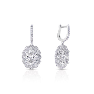 Luanna 11 Carat I VS1 Oval Cut Lab-Grown Halo Diamond Hanging Earrings in 18k White Gold Front and Back View