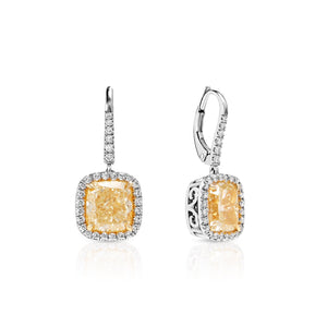 Amaia 7 Carat Yellow Cushion Cut Halo Diamond Leverback Hanging Earrings in Platinum Front and Side View