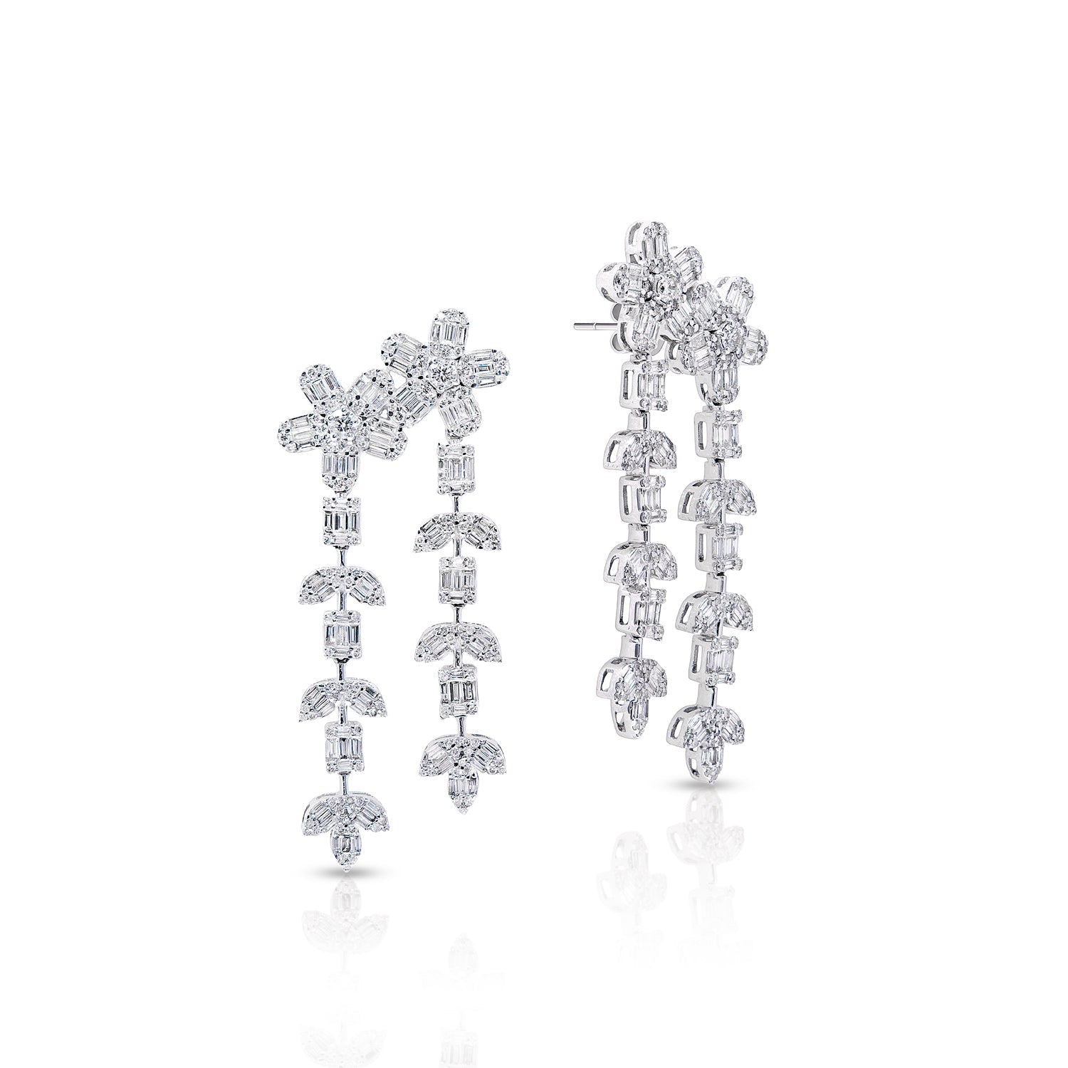 Blaire 3 Carat Combine Mix Shape Diamond Hanging Earrings in 14k White Gold Front and Side View