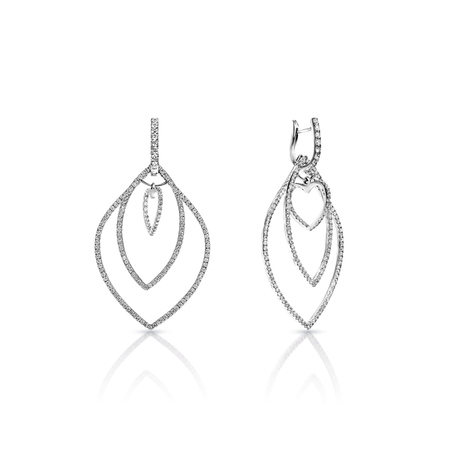 Amina 3 Carat Round Brilliant Diamond Hanging Earrings Front and Side View