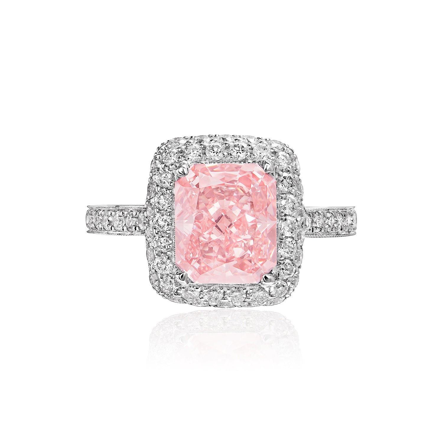 Rebecca 4 Carat Fancy Vivid Pink VVS1 Radiant Cut Diamond Engagement Ring Front View