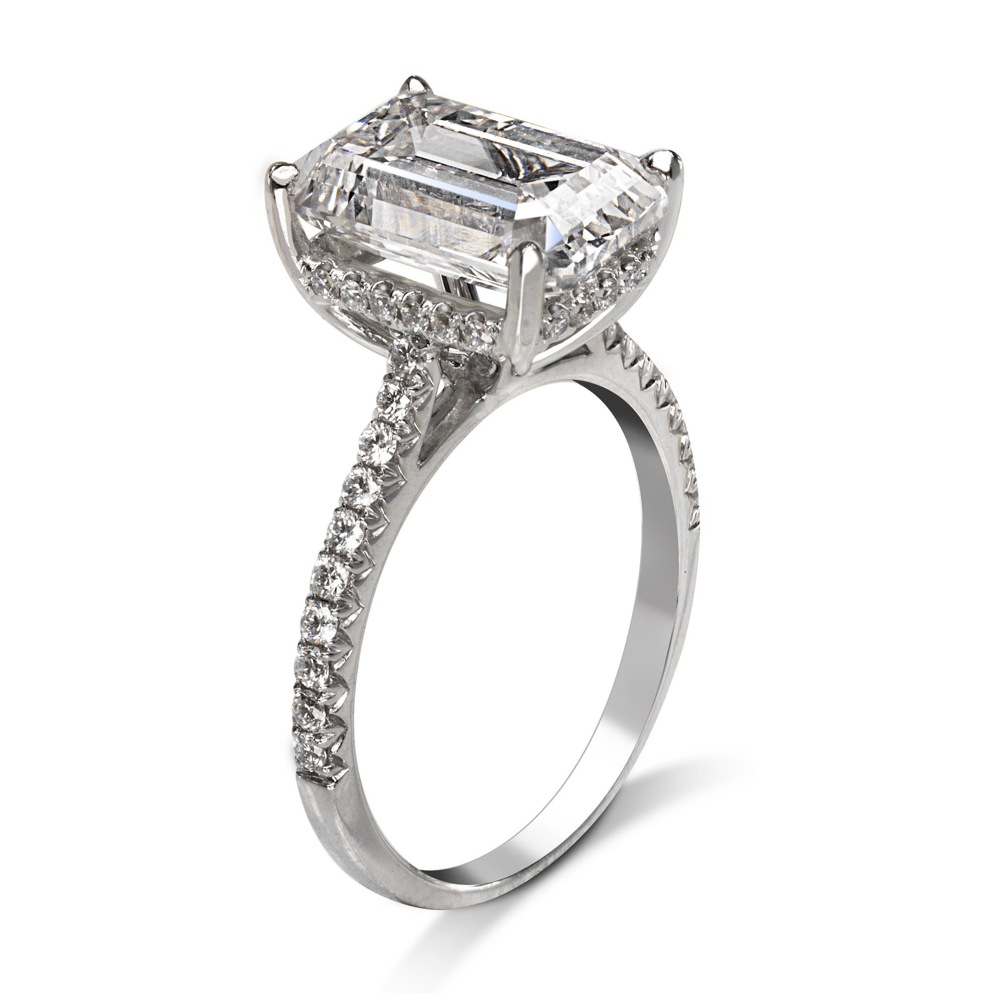 Diamond Ring Emerald Cut 6 Carat Sidestone Ring in 18K White Gold Side View