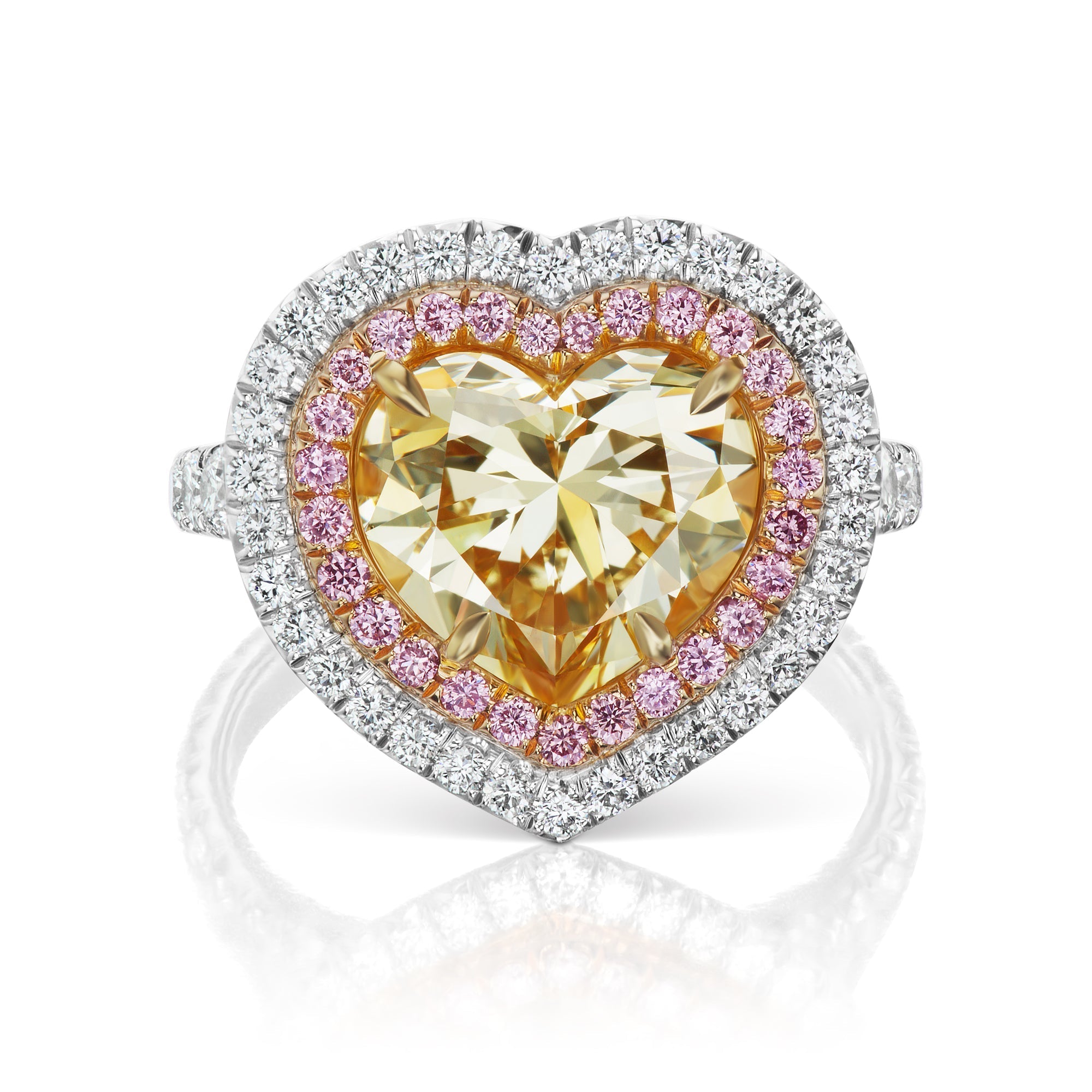 Yellow Diamond Ring Heart-Shaped 6 Carat Double Halo  Ring in Platinum and 18K White Gold Front View