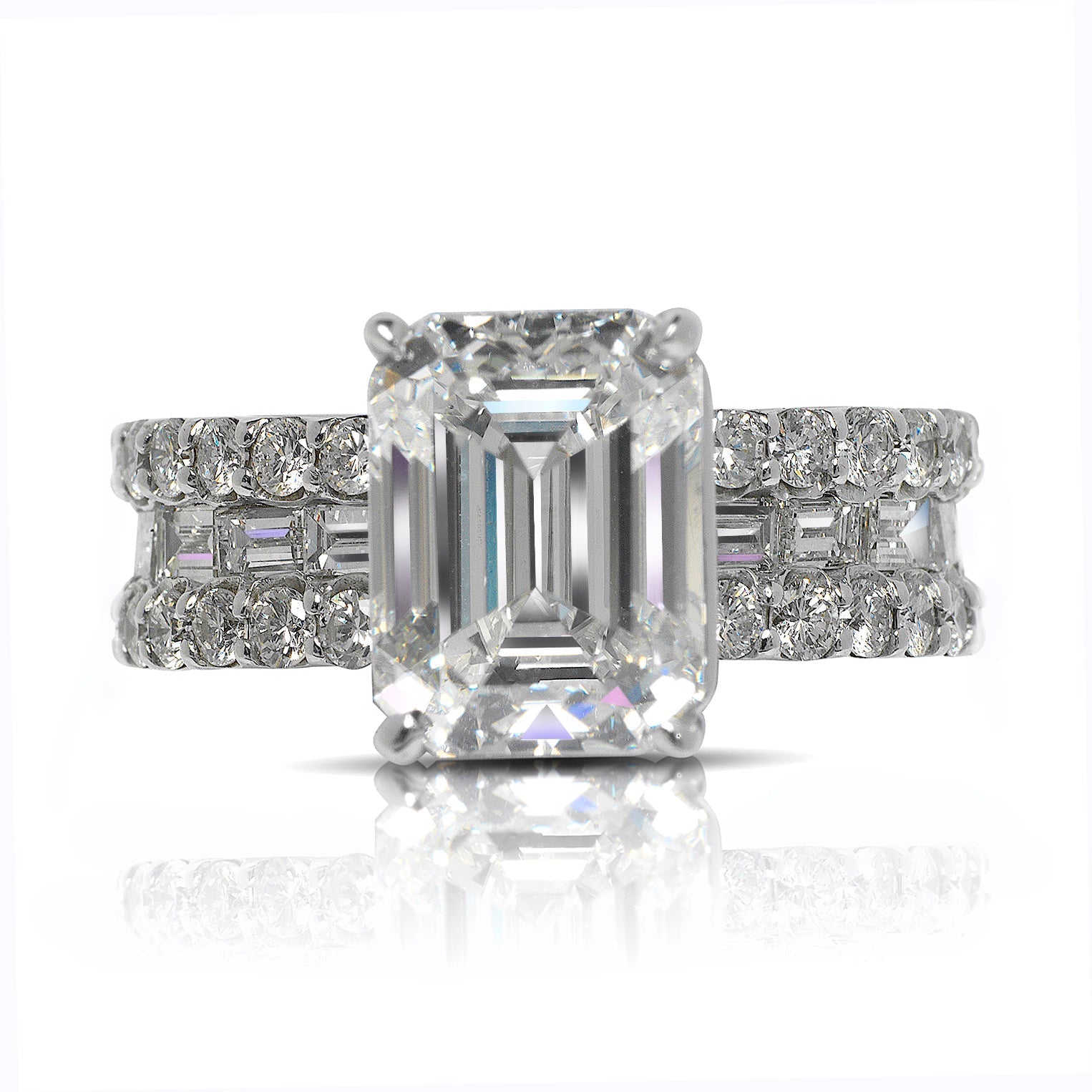 Diamond Ring Emerald Cut 7 Carat Sidestone Ring in 14K White Gold Front View