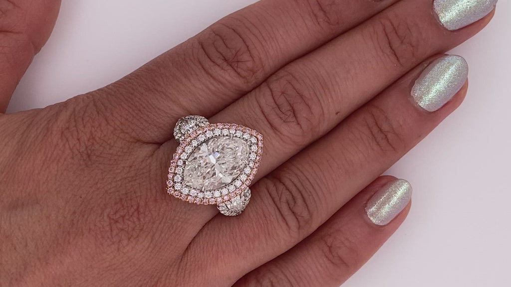 Diamond Ring Marquise Cut 8 Carat Pink Diamond Halo Ring in Platinum Video on Hand