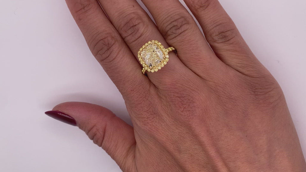 Yellow Diamond Ring Cushion Cut 6 Carat Sidestone Ring in 18K Yellow Gold  Video on Hand