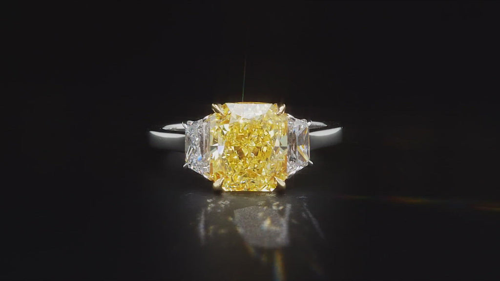 Fancy Intense Yellow Diamond Ring Radiant Cut 5 Carat Three Stone Ring in Platinum & 18K Gold 360 View
