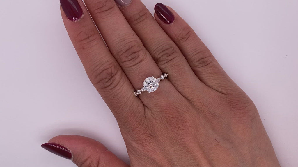 Diamond Ring Round Cut 2 Carat Sidestone Ring in 18K White Gold Video on Hand