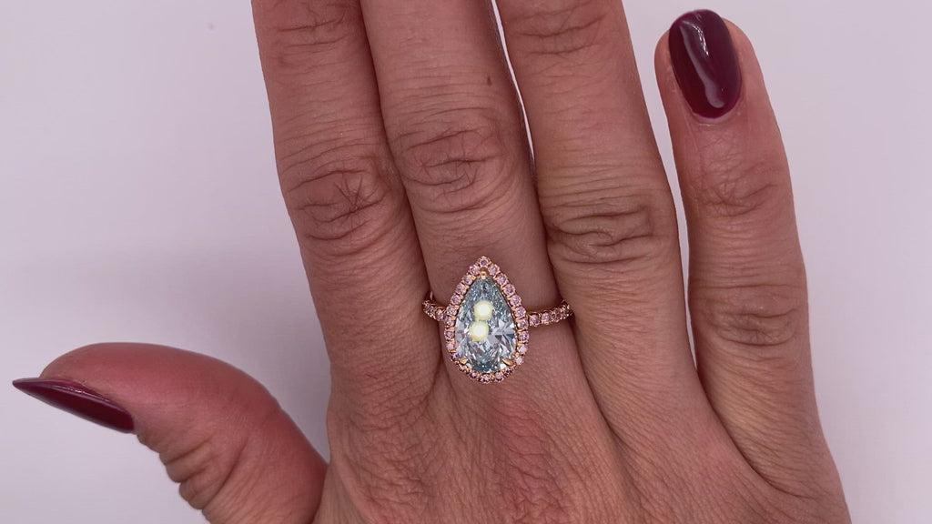 Green Blue Diamond Ring Pear Shape Cut 3 Carat Ring with Pink Diamond Halo  in 18K Rose Gold Video on Hand
